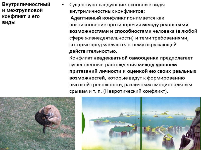 Существуют следующие основные виды внутриличностных конфликтов:  Адаптивный конфликт понимается как возникновение противоречия между